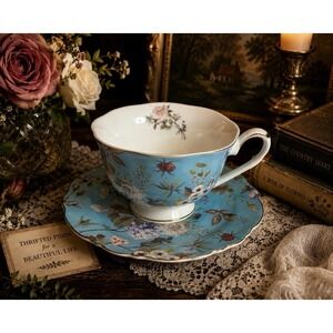 Grace Teaware Blue Floral Garden Oversized Teacup & Saucer Porcelain Gold Trim